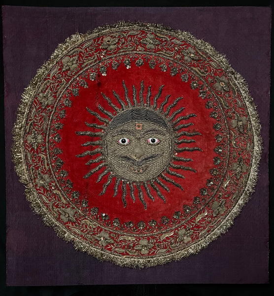 Antique Zardozi Embroidered Sun God on Velvet with Semi Precious Stones: C19th India
