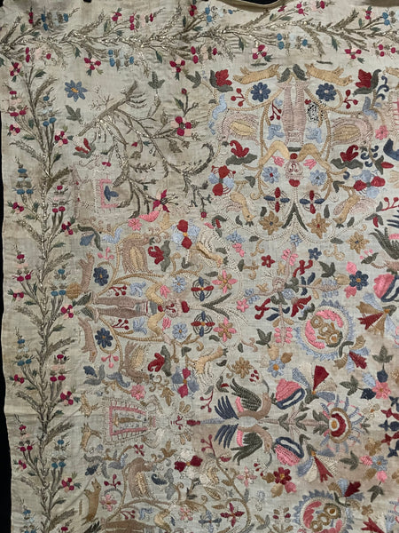 Antique Traditional Greek Island Embroidered Panel with Figures, Animals, Birds: C18th/19th Crete