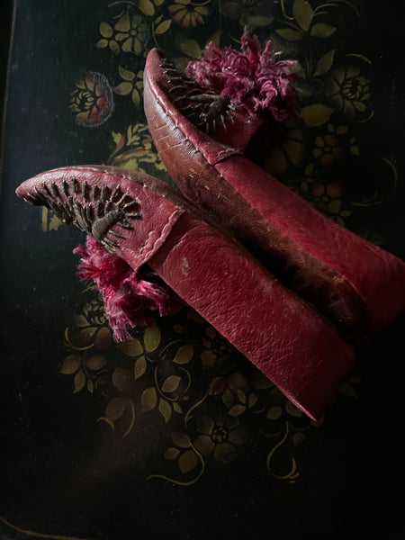 Antique Ottoman Child’s Embroidered Leather Shoes with Silk Pom Poms: C19th Turkey