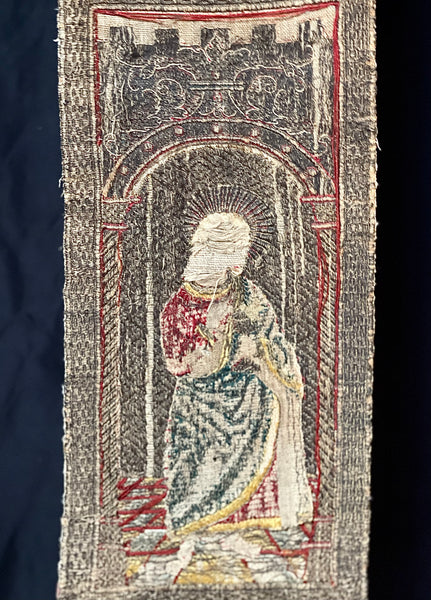 Rare Tudor Orphrey Silk and Metal Thread Embroidered Panels with Iconography Saints: C16th England