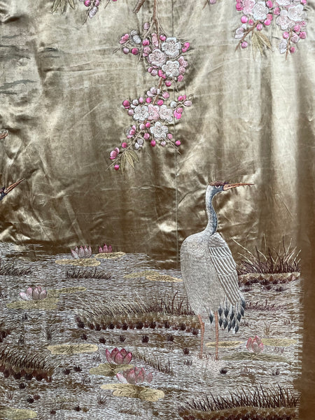 Antique Silk Embroidered Tapestry Wallhanging with Cherry Blossom & Storks: Japanese Meiji Period C19th Century. 223 x 175cm