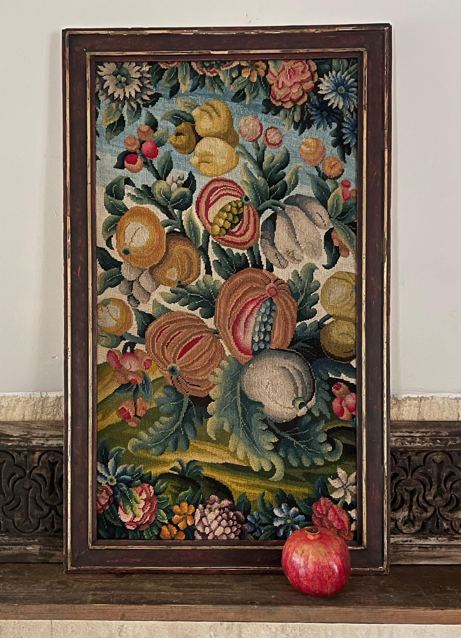 Embroidered Needlepoint Still Life with Pomegranates : C18th N. Europe, France or England