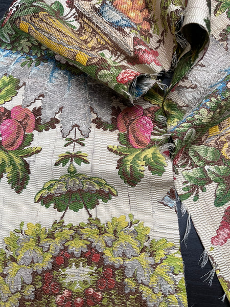 Antique Silk Brocade Panel with Urns & Fruit in Bower: C18th France