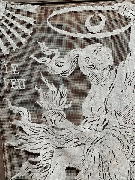 Art Nouveau Hand Embroidered Filet Lace Hangings Elements L’Air Le Feu: C1912, France