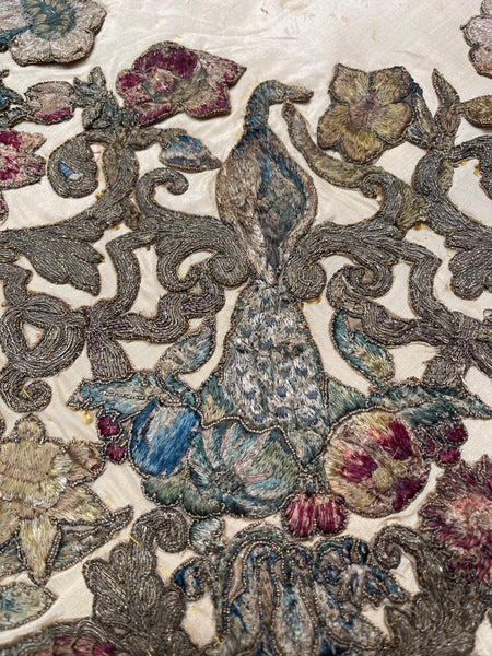 Antique Early Silk and Metal Thread Embroidered Appliqué Panel: C17th Britain