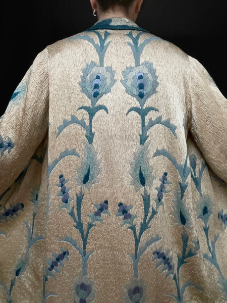 Art Deco Silk Embroidered Coat with Peacock Feathers: C1910 Britain