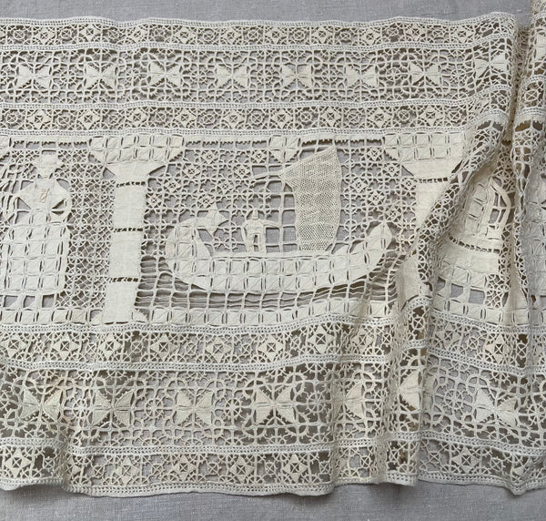 Antique Reticula Needlepoint Figurative Lace Panel Viking Ship: C1910 Europe