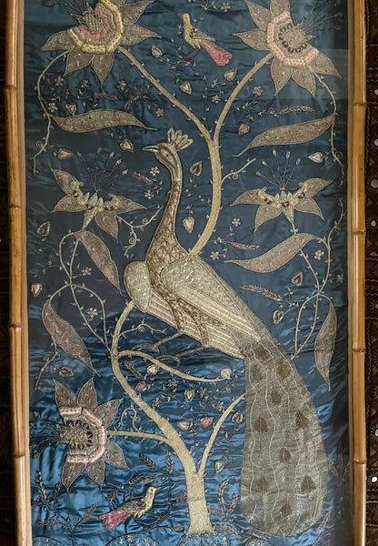 Antique Zardozi Embroidery Peacock & Tree of Life in Original Frame: C1900 India for export