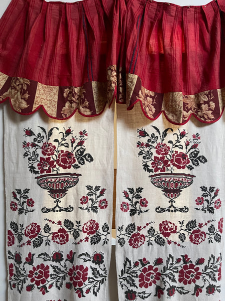 French Pink and Red Striped Ticking Pelmet with Chintz Border: C19th France