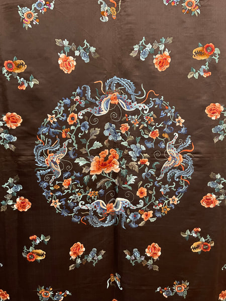 Fine Silk Embroidered Wallhanging with Symbolic Bats, Butterflies, Peonies: C19th China for export