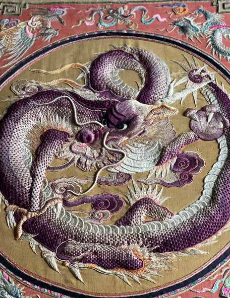 Extraordinarily Fine Stumpwork Embroidered Dragon Chasing Pearl: C1900 China