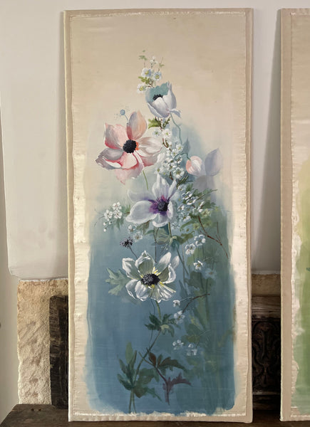 Set of Three Hand Painted Floral Silk Wall Panels :C1920 England