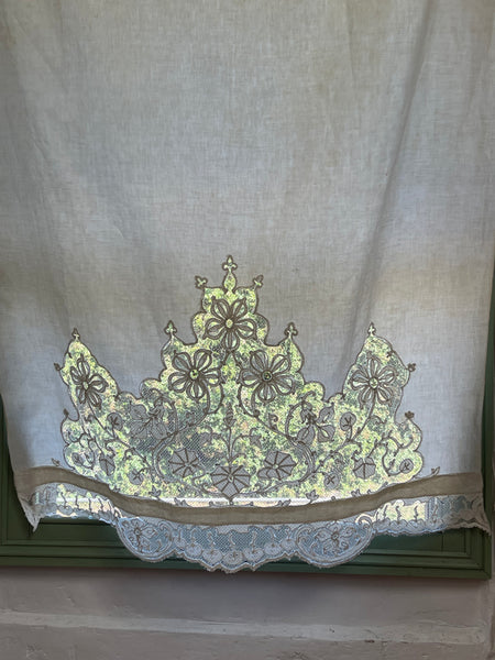 A Pair of Art Nouveau Cutwork and Embroidered Chateau Window Curtain Panels: C1900 France