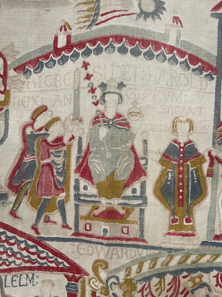 Antique Printed Linen Wallhanging Inspired by Bayeux Tapestry: C1920s Britain