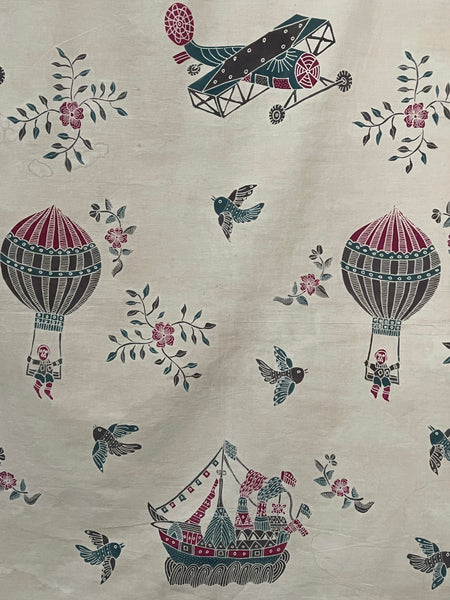 Antique Hand Painted Batik Skirt Panel with Hot Air Balloons Planes & Ships: C20th Java, Indonesia