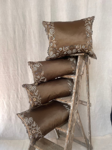 Bespoke Handmade Antique Silk and Gilt Embroidered Cushion Large Size: C19th India
