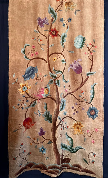 ON HOLD: Arts and Crafts Jacobean Revival Crewelwork Embroidered Tree of Life Wallhanging: C1900