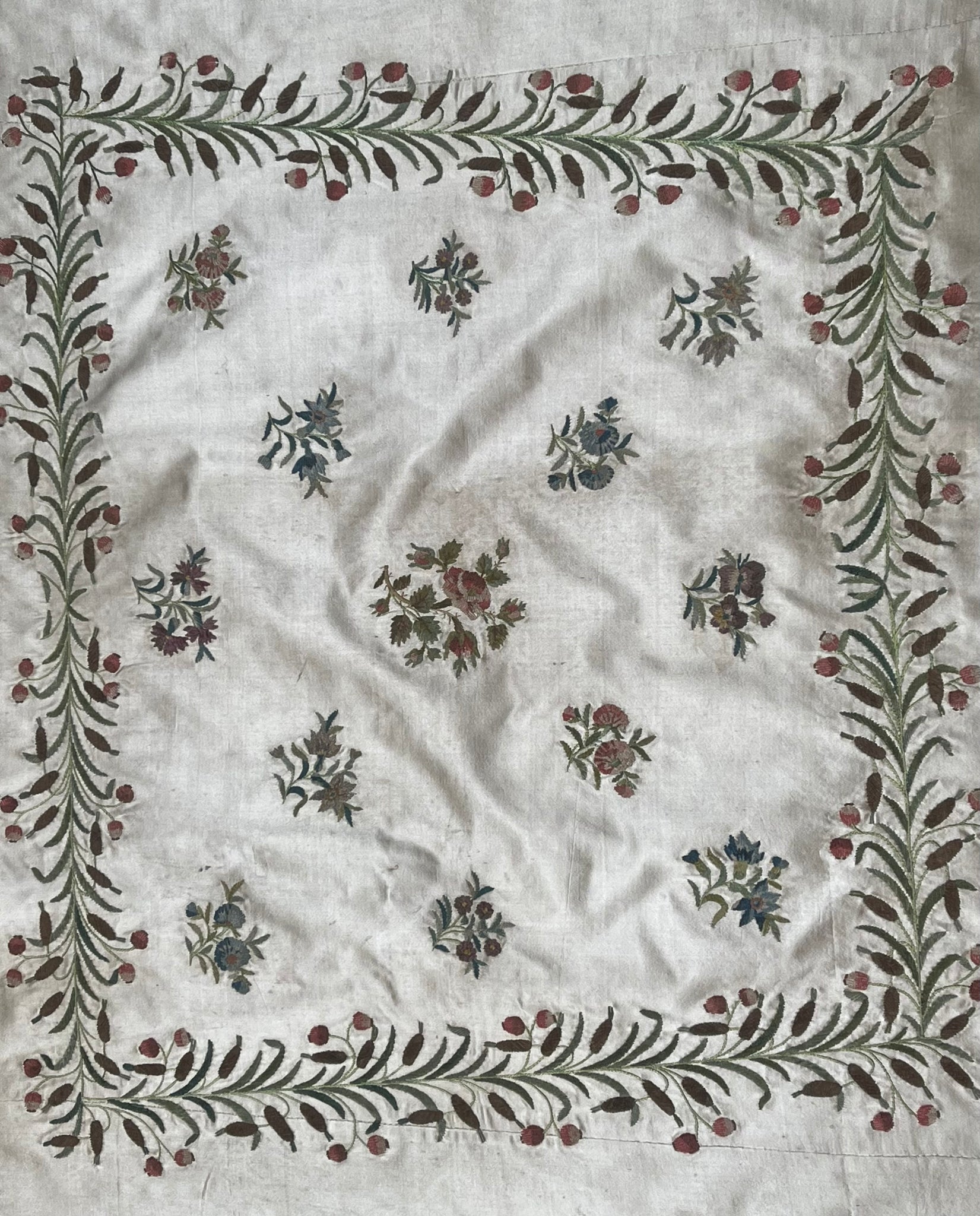 Antique Fine Hand Embroidered Chenille Panel Florals: C18th France