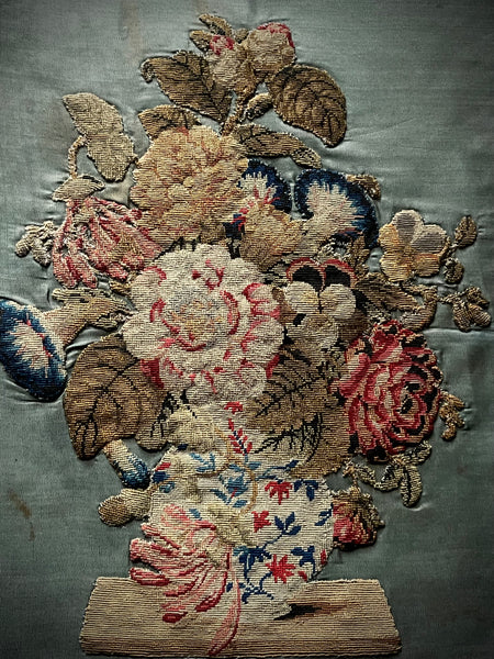 Needlework Tapestry Still Life Vase Garden Flowers: C19th English