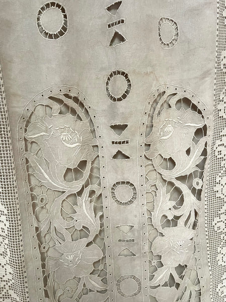 Antique Cutwork Embroidered Richelieu Lace Wallhanging Curtain Panel: C1900 - 1910 France