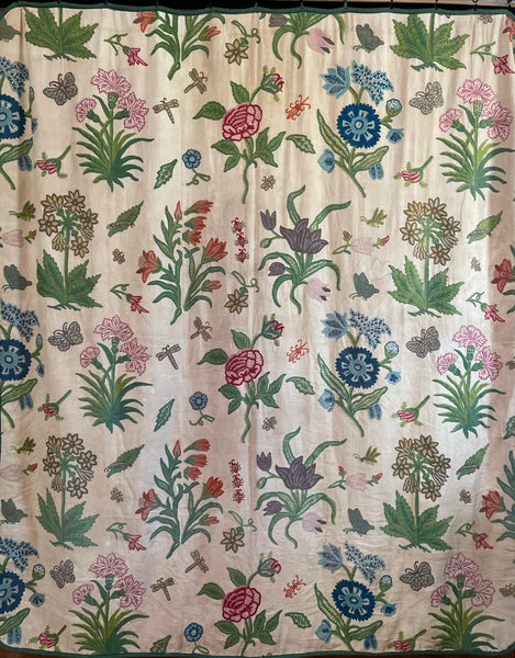 Vintage Jacobean Revival Crewelwork Embroidered Bedcover Quilt: C1970s Kashmir, India for export. 200cm x 220cm