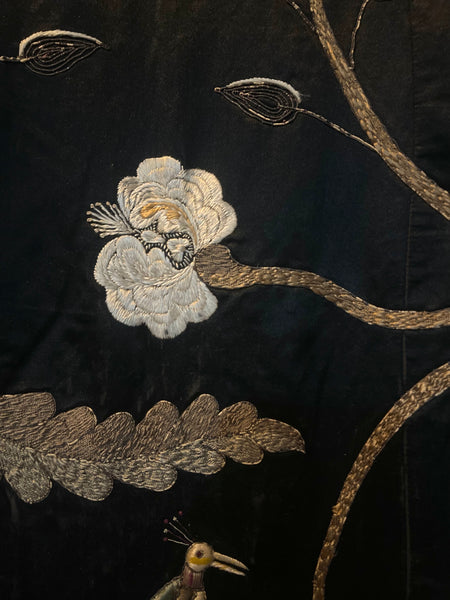 Antique Hand Embroidered Tree of Life Silk Wallhanging with Birds & Flowers: C19th Anglo Indian