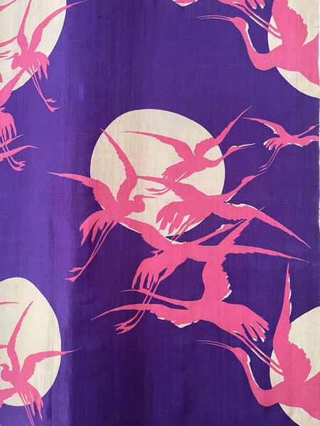 Art Deco era Printed Silk with Cranes Flying across Moon: C1920 Japan