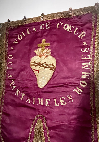 Antique Silk Embroidered Ecclesiastical Wallhanging Banner with Stumpwork Heart: C19th France