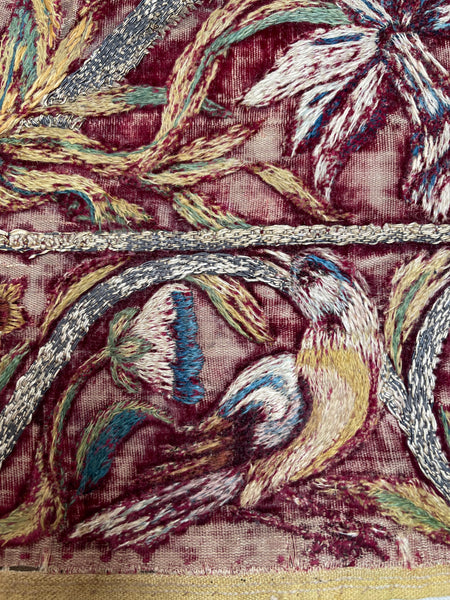 Early Silk and Metal Thread Embroidered Velvet Panel with Peacock and Flowers: C17th Italy or Spain