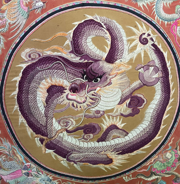 Extraordinarily Fine Stumpwork Embroidered Dragon Chasing Pearl: C1900 China