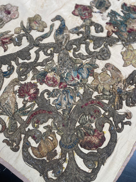 Antique Early Silk and Metal Thread Embroidered Appliqué Panel: C17th Britain