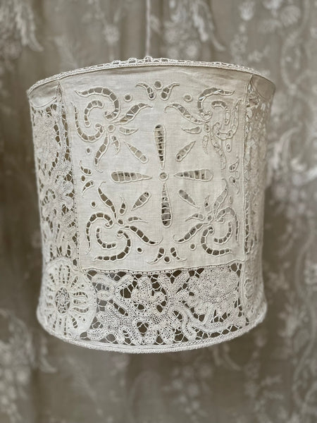 Antique Bespoke Embroidered & Cutwork Linen Ceiling Lampshade: C19th France