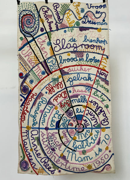 Unique Hand Embroidered Folk Art Sampler Wall Hanging: C1950 England