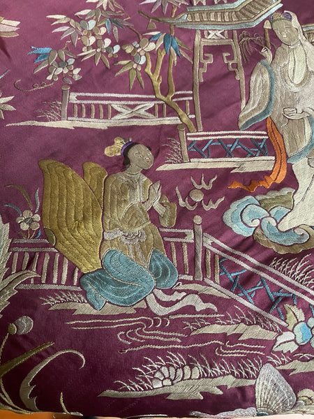 Antique Silk Embroidered Wallhanging with Birds and Mythological Figures: C19th China for export to Europe