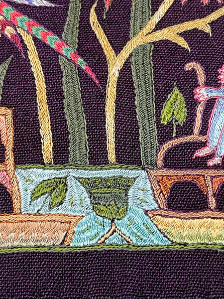 Antique Silk Embroidery with Houseboats, Birds and Florals: Late 19th, Srinagar, Kashmir, India