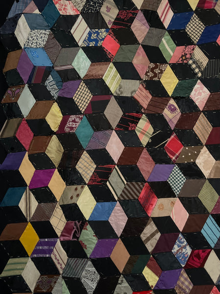 Antique Silk Tumbling Blocks Patchwork Quilt: C19th Britain