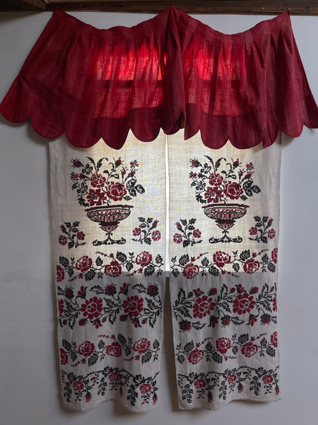 French Pink and Red Striped Ticking Pelmet with Chintz Border: C19th France