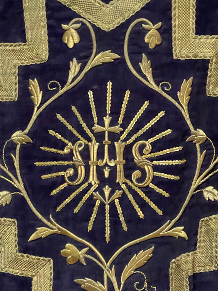 Antique Gold Gilt Embroidered Velvet Fiddleback Chasuble : C19th Europe
