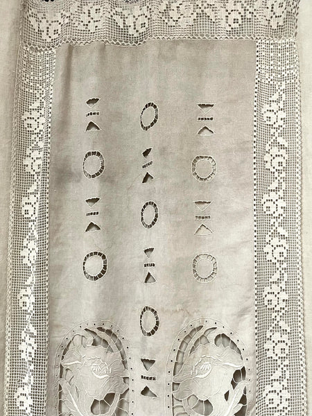 Antique Cutwork Embroidered Richelieu Lace Wallhanging Curtain Panel: C1900 - 1910 France