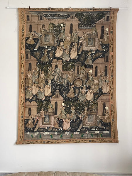 Antique Handpainted Pichawai Temple Wallhanging with Procession Elephants : C1900 India