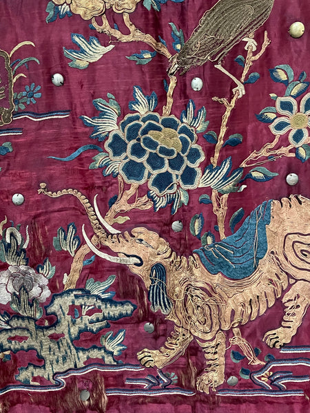 Antique Gilt Thread and Silk Embroidery with Elephants: C19th China