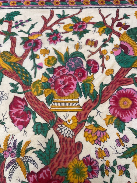 Block Print Tree of Life with Parrots, Peacock, Flowers & Butterflies: C20th India