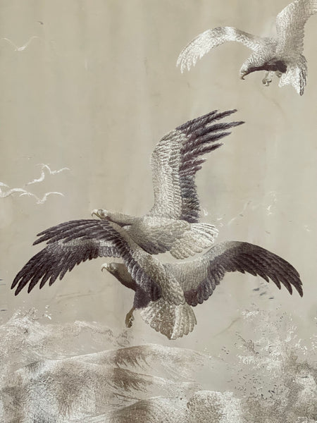 Museum Worthy Silk Embroidered Wallhanging with Waves Auspicious Sea Hawks: C19th Meiji Period, Japan.