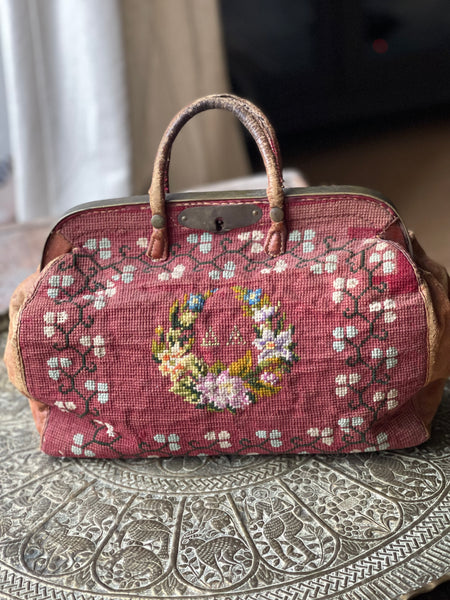 Antique Victorian Needlepoint Embroidered Tapestry Carpet Bag: C19th Greece