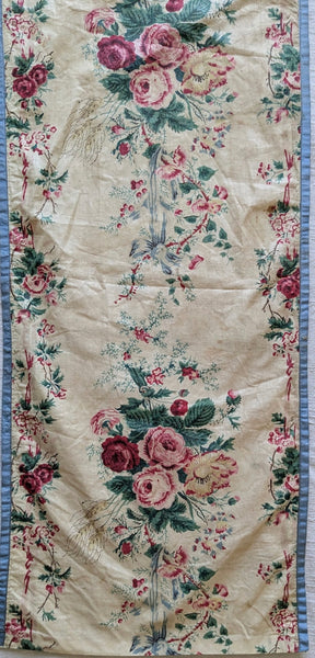 Antique Glazed Chintz Long Panel with Roses & Ribbons: C19th France