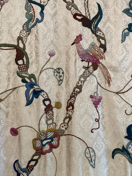 Antique Embroidered Crewelwork Tree of Life with Birds: C1910 A.H. Lee, Birkenhead, Britain. 337cm x 126cm