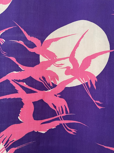 Art Deco era Printed Silk with Cranes Flying across Moon: C1920 Japan
