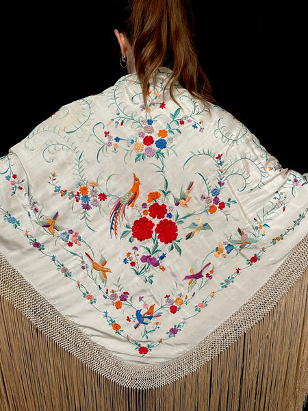 Antique Silk Embroidered Piano Shawl with Birds and Florals: C1920 Canton, China
