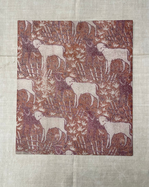 Antique Arts and Crafts Block Printed Lamé with Lambs: C1910/20 Britain. 57 x 49cm