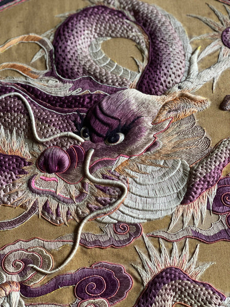Extraordinarily Fine Stumpwork Embroidered Dragon Chasing Pearl: C1900 China